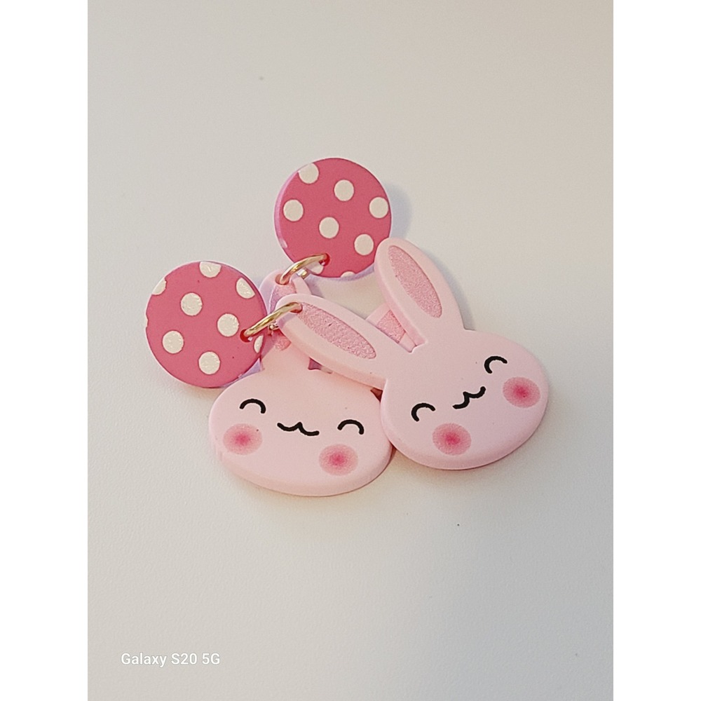 Pink Bunny Rabbit Polka Dot Drop Stud Earrings Handmade Jewelry NEW Easter - Picture 4 of 8